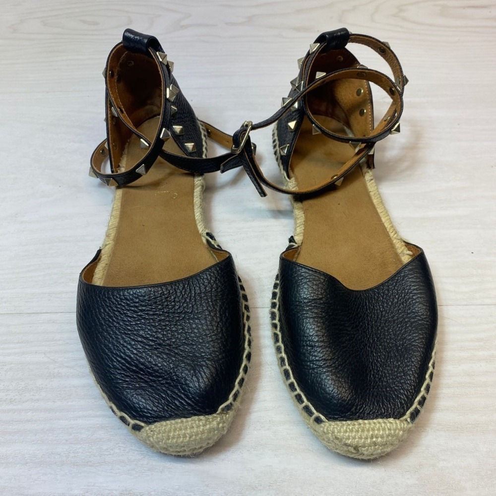 Maypol Womens 38 Espadrille Sandals Studded Ankle Strap Black Leather Flat Spain